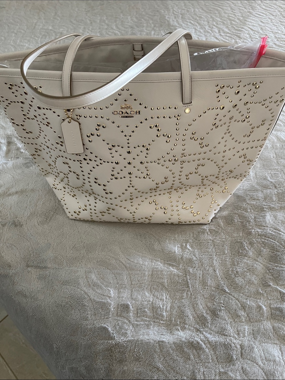 Coach Cream Leather Tote with Gold Stud Detail